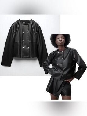 Zara Black Faux-Leather Double-Row Snap blazer Jacket Sz M pleather vegan